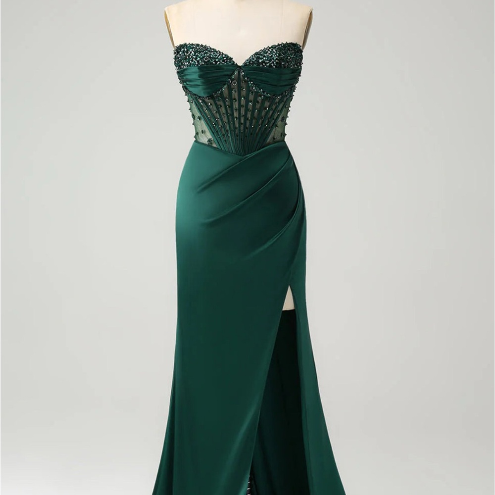Green Embellished Strapless Gown with Slit